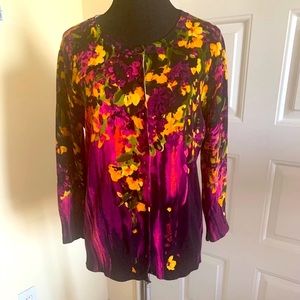 Grace Elements Purple Fuchsia And Gold Silk Floral Cardigan Sweater Size M